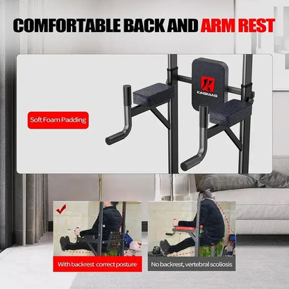 Power tower dip station with soft foam padded backrest and armrests for improved posture, comfort, and spinal alignment support