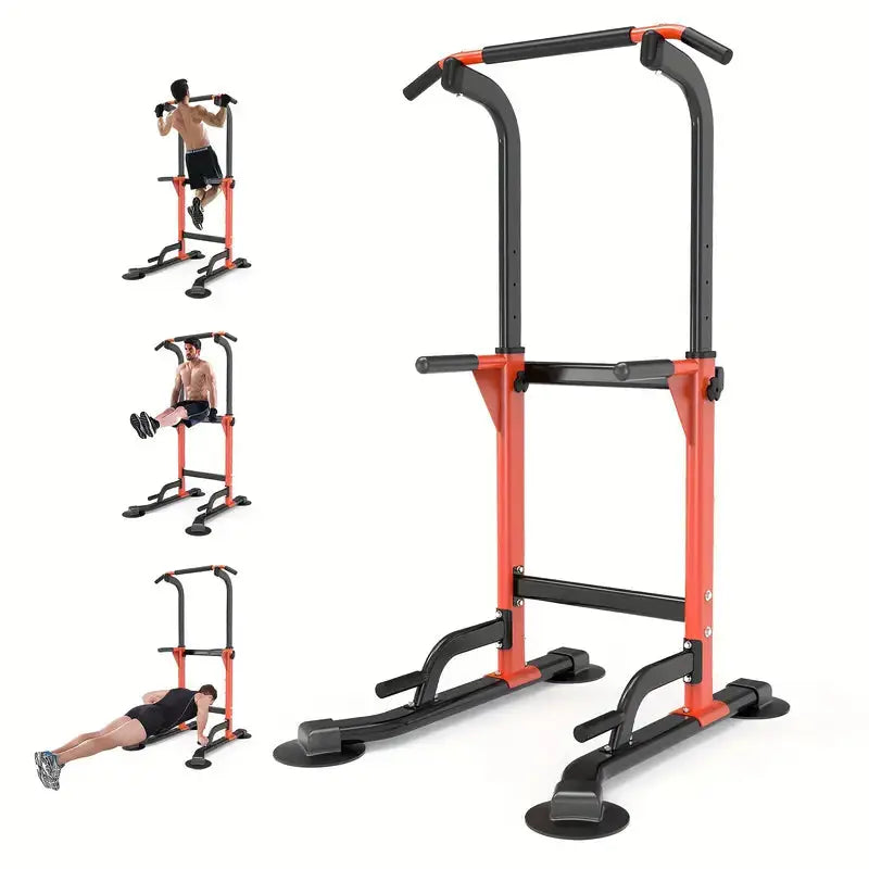 Red multifunctional power tower dip station for home gym with options for pull-ups, leg raises, and push-ups