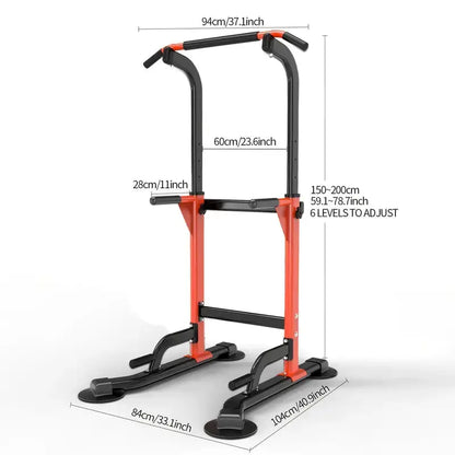 Adjustable power tower dip station with 6 height levels and detailed size specifications for home gym strength training