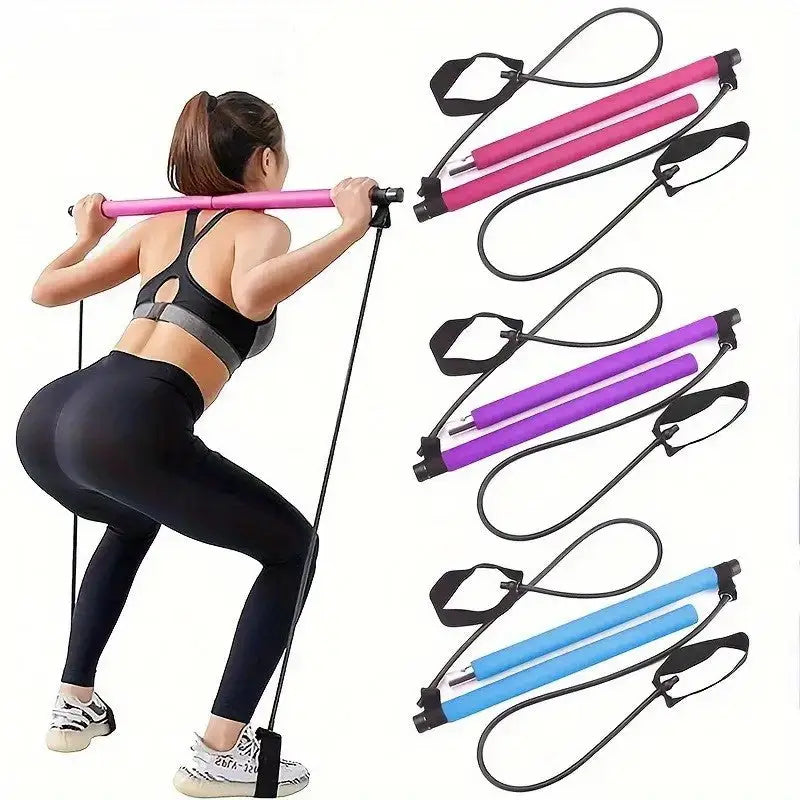 Woman exercising with resistance bands on a white background