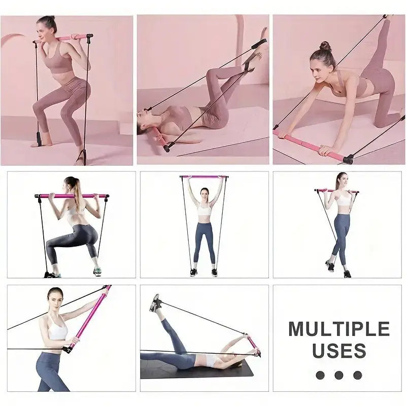 Woman using an exercise resistance band in various poses on a pink background