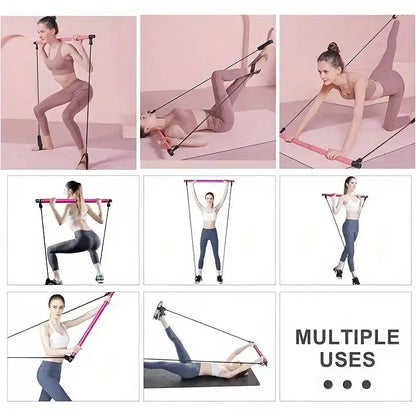 Woman using an exercise resistance band in various poses on a pink background