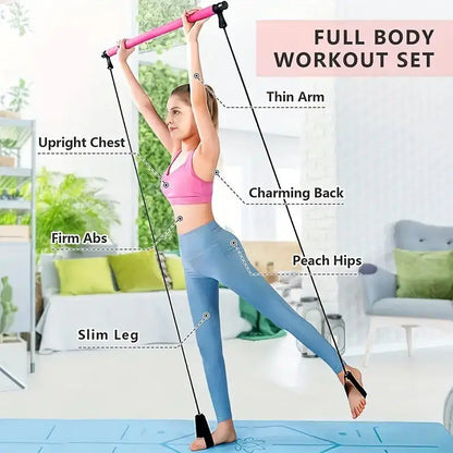 Woman exercising with a full body workout set in a living room setting