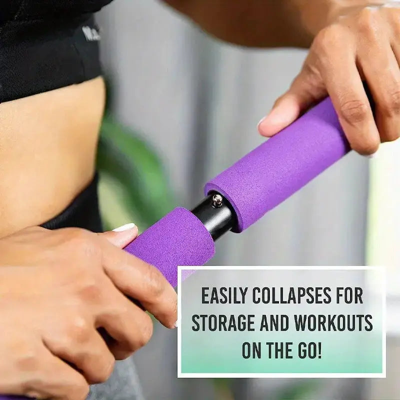Purple foam roller being used by a person with text about its collapsibility.