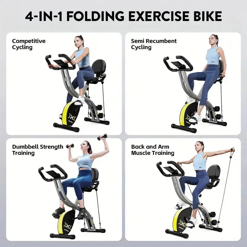 4-in-1 folding exercise bike with adjustable resistance and compact design