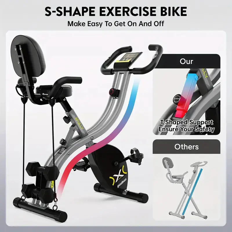 S-shape exercise bike for home fitness with adjustable resistance