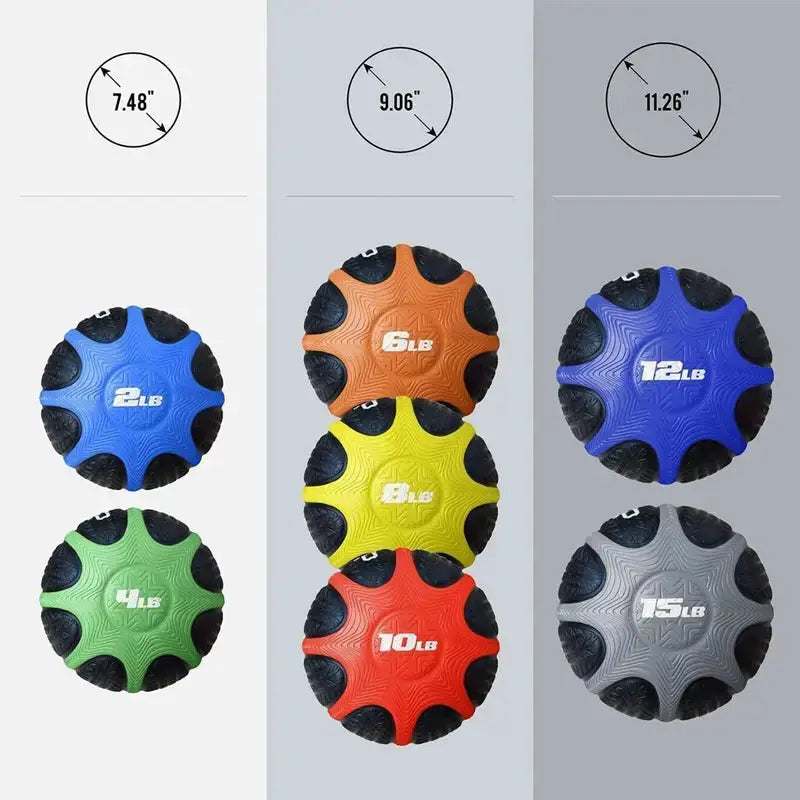 Various medicine ball sizes and weights from 2lb to 15lb with color-coded designs