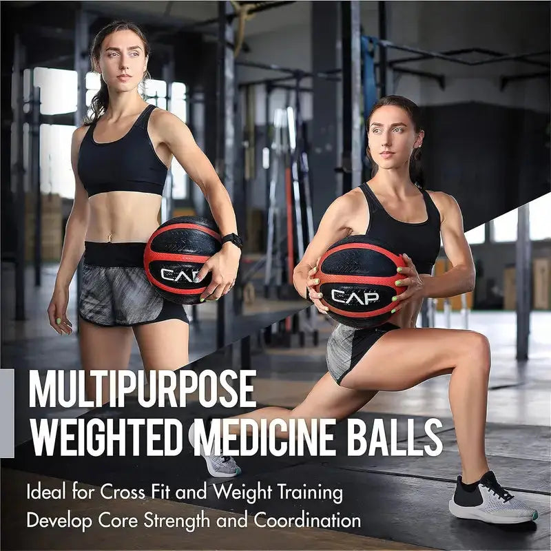 Woman training with CAP weighted medicine ball for core strength and CrossFit exercises