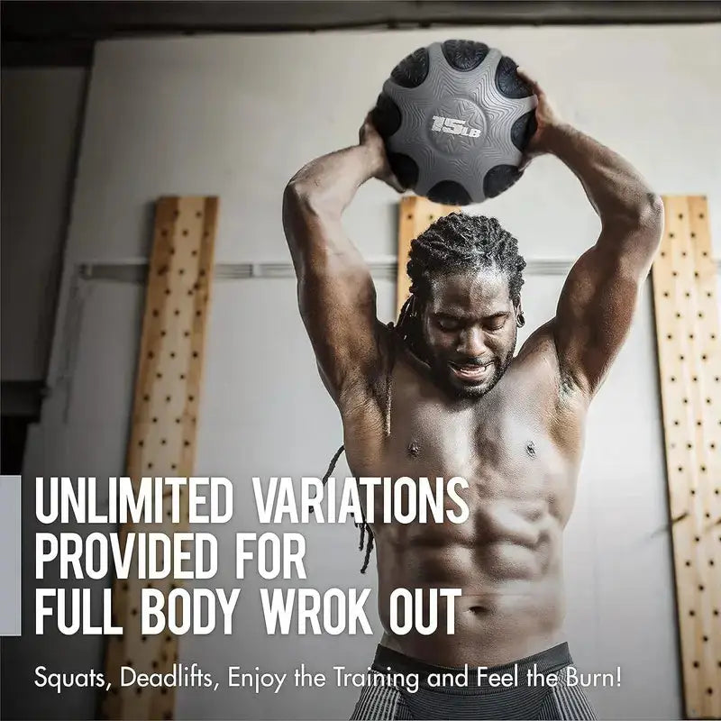 Man performing full body workout with a 15lb medicine ball for strength and conditioning training