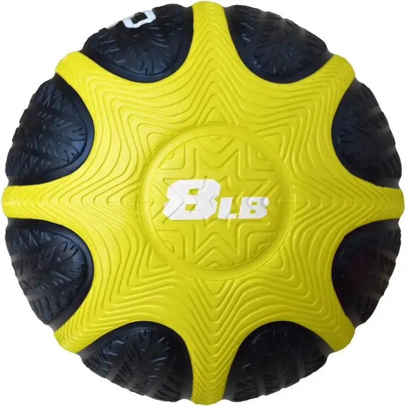Yellow 8-pound textured medicine ball with star-pattern grip for fitness and strength training