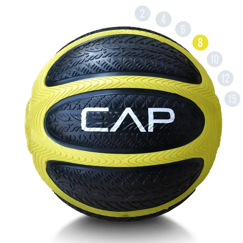 Yellow 8-pound CAP medicine ball with textured grip for strength and core training