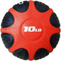 Red 10-pound textured medicine ball with star-pattern grip for strength training and workouts