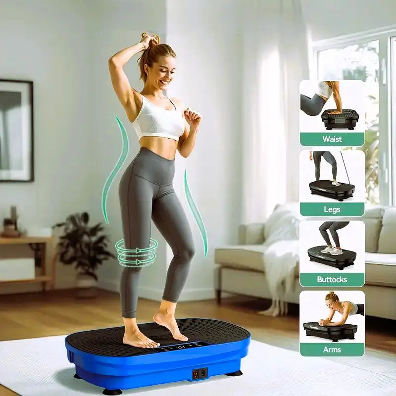 Woman using a blue vibration plate exercise machine at home to tone waist, legs, buttocks, and arms with full-body vibration training