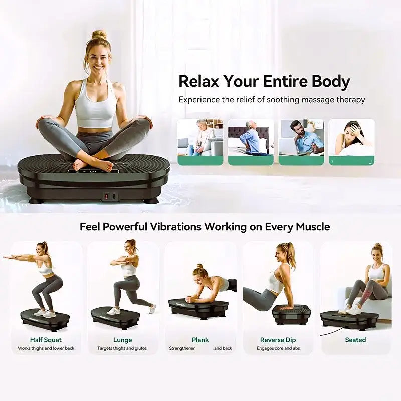 Woman demonstrating various exercises including squats, lunges, and planks on a vibration plate machine for full-body muscle toning and relaxation therapy