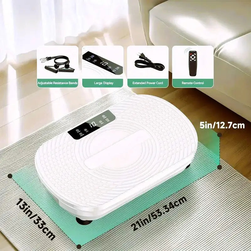 Compact white vibration plate machine with large digital display, adjustable resistance bands, extended power cord, and remote control, shown with size dimensions 21x13x5 inches