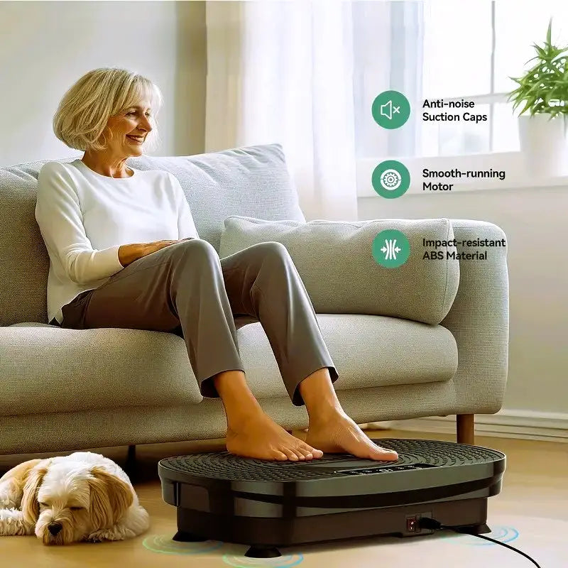 Senior woman using a black vibration platform with anti-noise suction caps, smooth motor, and impact-resistant ABS material for low-impact home exercise
