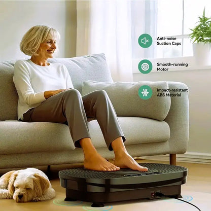 Senior woman using a black vibration platform with anti-noise suction caps, smooth motor, and impact-resistant ABS material for low-impact home exercise