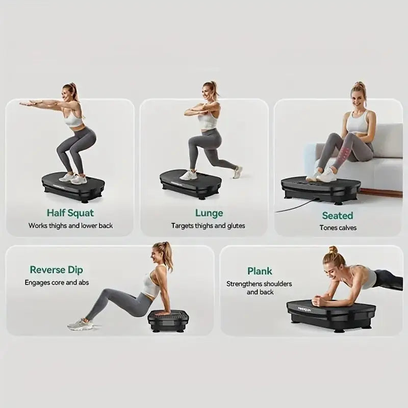 Demonstration of 5 full-body exercises using a black vibration plate, including half squat, lunge, seated calf tone, reverse dip, and plank for targeted muscle training