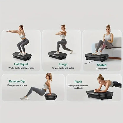Demonstration of 5 full-body exercises using a black vibration plate, including half squat, lunge, seated calf tone, reverse dip, and plank for targeted muscle training