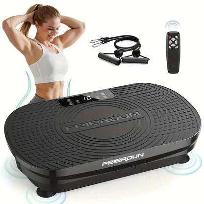Black vibration plate exercise machine with resistance bands and remote control, shown with woman using it for core toning and full-body vibration therapy