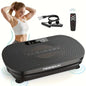 Black vibration plate exercise machine with resistance bands and remote control, shown with woman using it for core toning and full-body vibration therapy