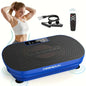 Blue vibration plate workout machine with digital display, resistance bands, and remote control, ideal for full-body toning and core strengthening