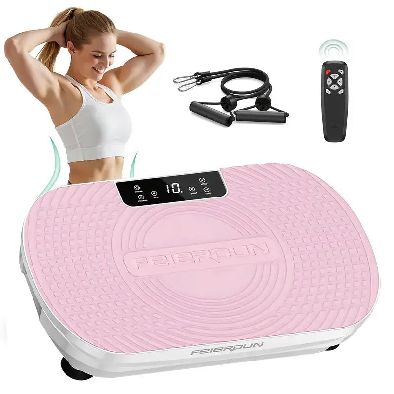 Pink vibration plate exercise machine with resistance bands and remote control, designed for at-home fitness, core toning, and body shaping.