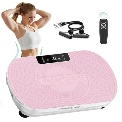 Pink vibration plate exercise machine with resistance bands and remote control, designed for at-home fitness, core toning, and body shaping.