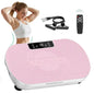 Pink vibration plate exercise machine with resistance bands and remote control, designed for at-home fitness, core toning, and body shaping.