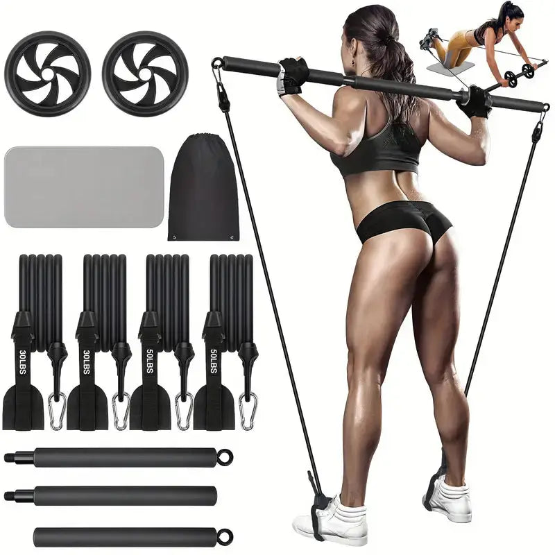 Woman exercising with resistance bands and training tools on a white background