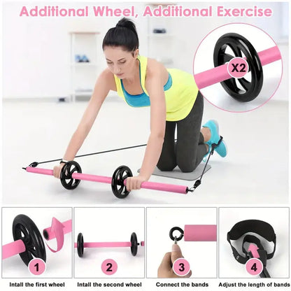 Woman exercising with a pink and black wheel, with additional instructions and images of the wheel assembly.