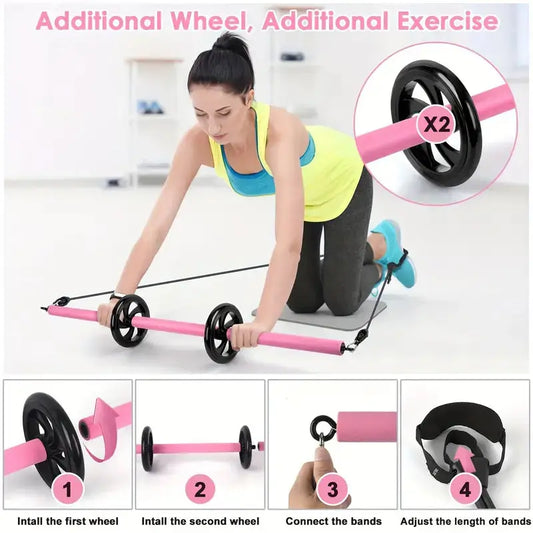 Woman exercising with a pink and black wheel, with additional instructions and images of the wheel assembly.