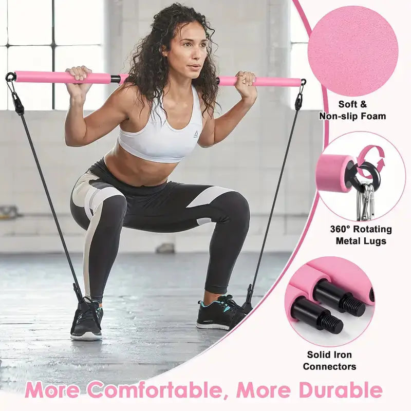 Woman exercising with a pink resistance band in a home setting, with product features highlighted on the right.