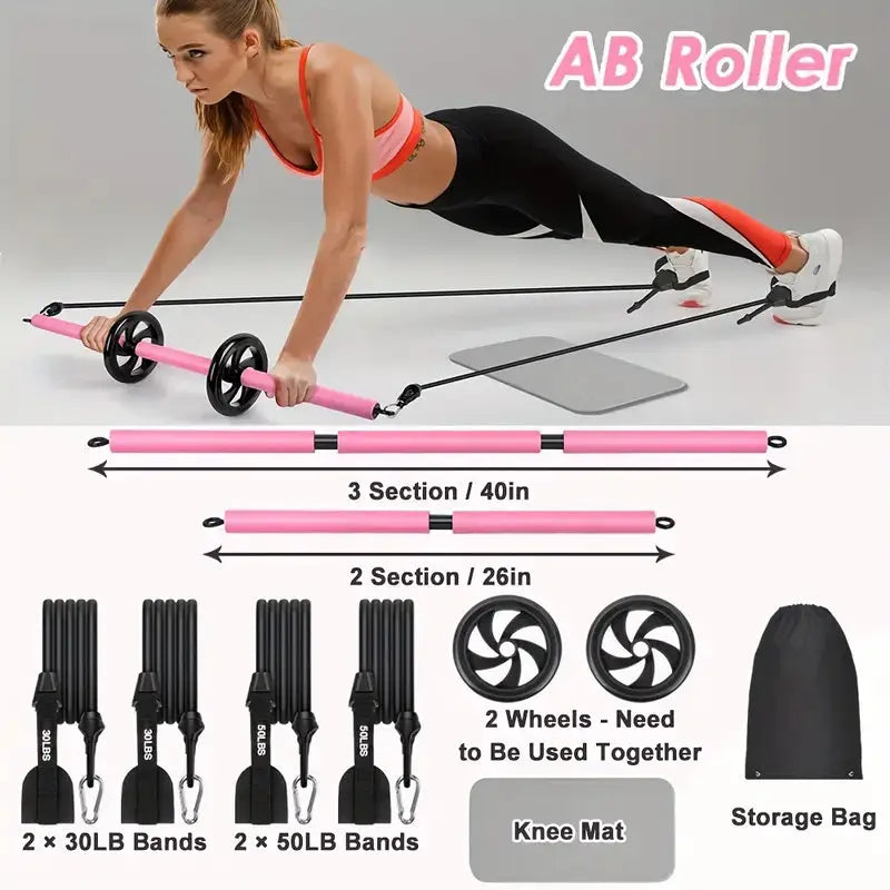 Woman using an AB roller with product details on a gray background