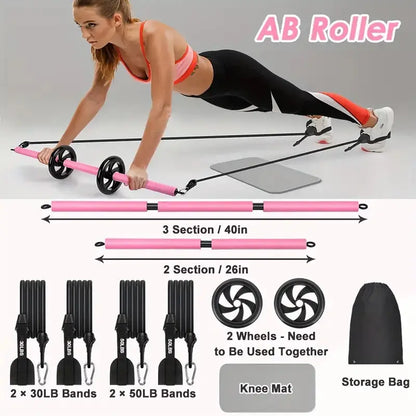 Woman using an AB roller with product details on a gray background
