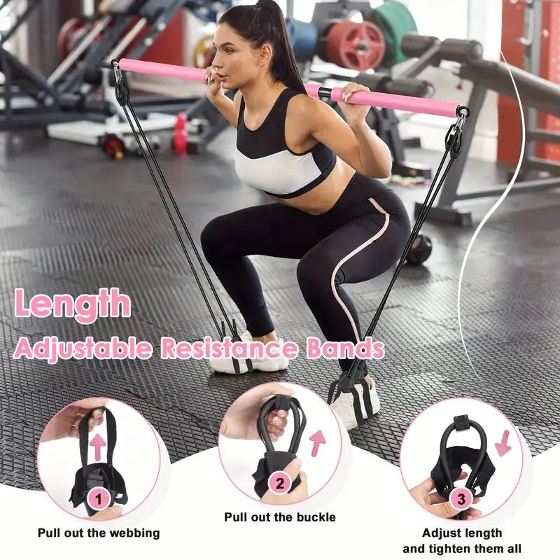 Woman exercising with adjustable resistance bands in a gym setting