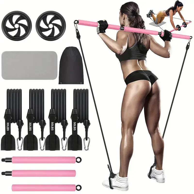 Woman exercising with a fitness equipment set on a white background