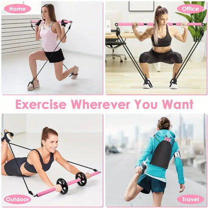 Collage of a woman using resistance bands in various settings with text indicating different locations.