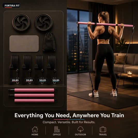 Pilates Bar Kit with Ab Roller for Full Body Toning and Strength Fortira Fitness