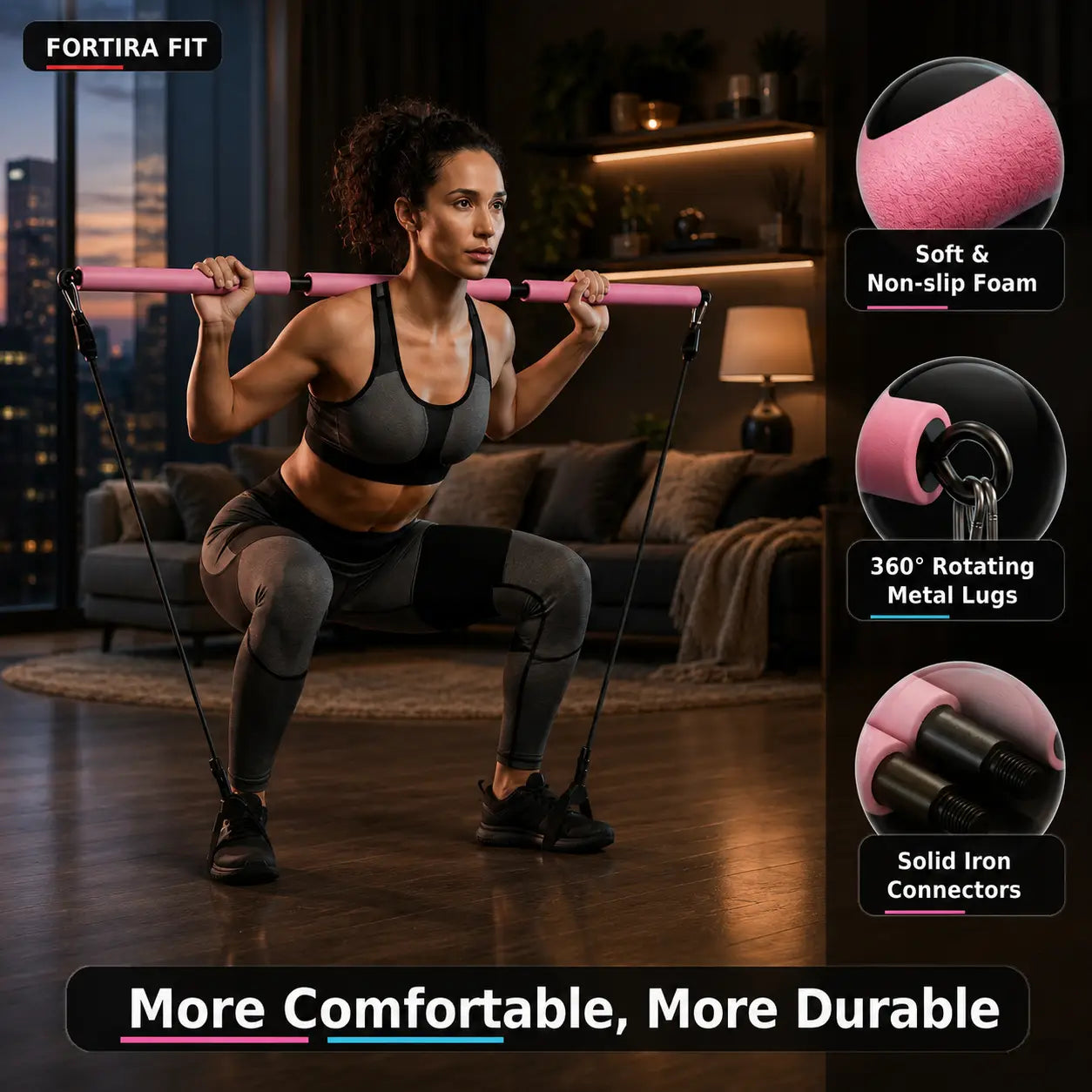 Pilates Bar Kit with Ab Roller for Full Body Toning and Strength Fortira Fitness
