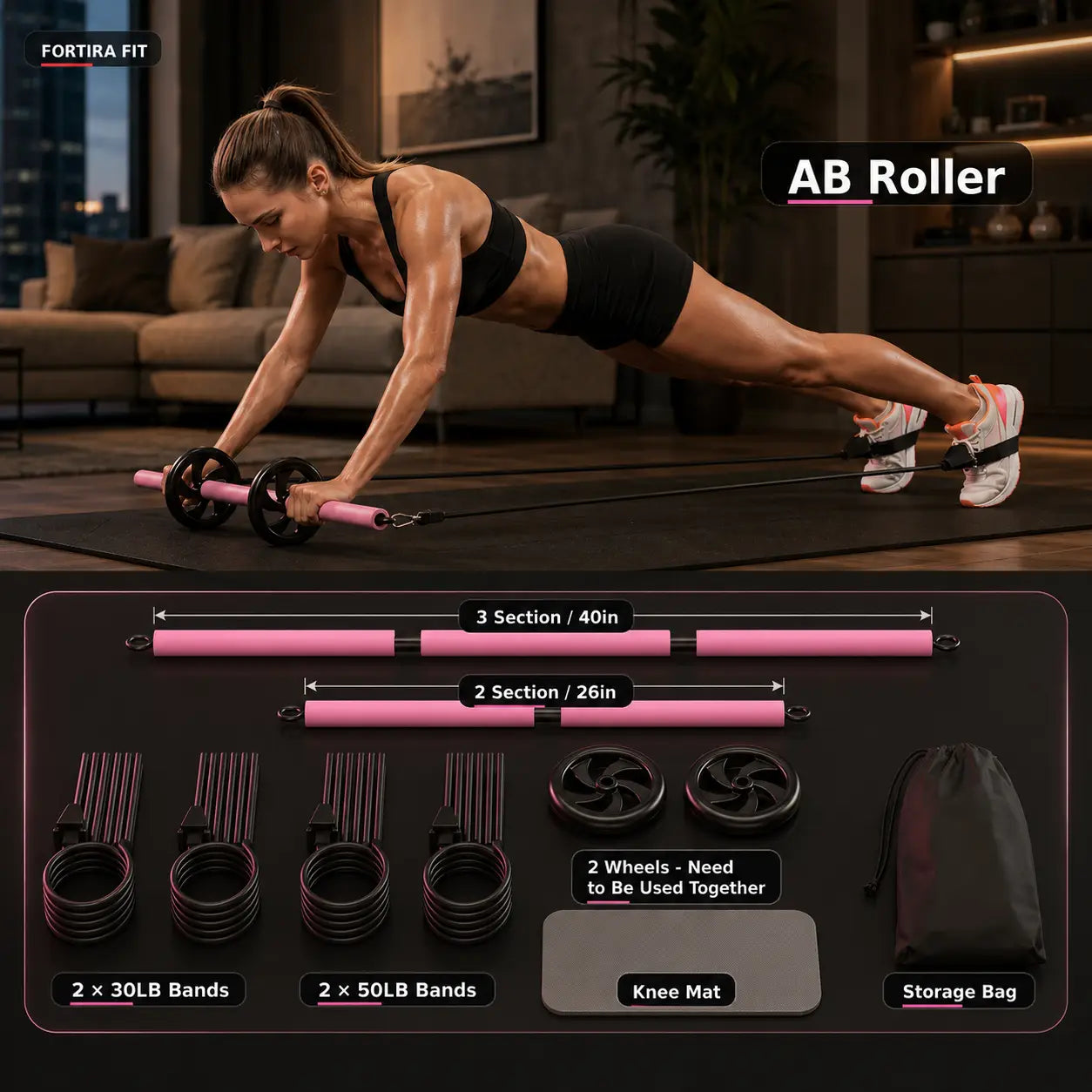 Pilates Bar Kit with Ab Roller for Full Body Toning and Strength Fortira Fitness