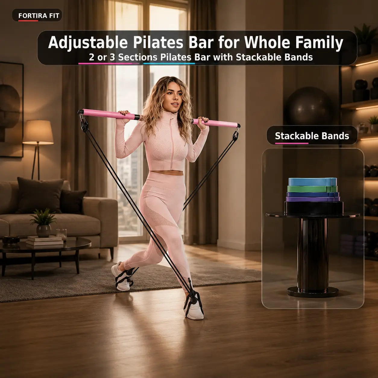 Pilates Bar Kit with Ab Roller for Full Body Toning and Strength Fortira Fitness