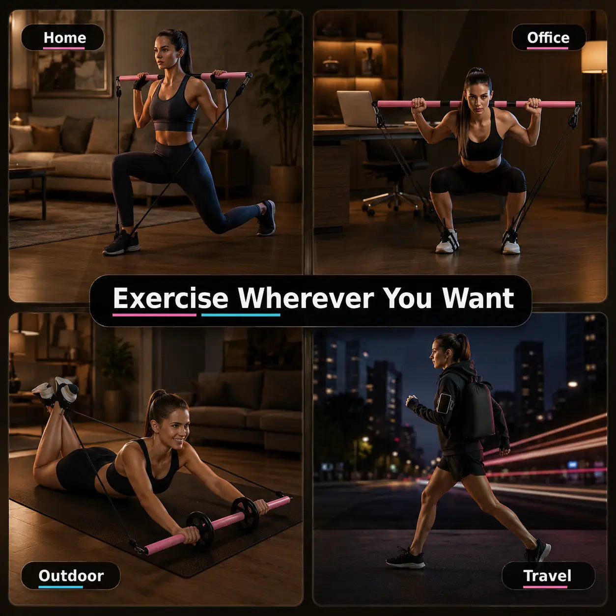 Pilates Bar Kit with Ab Roller for Full Body Toning and Strength Fortira Fitness