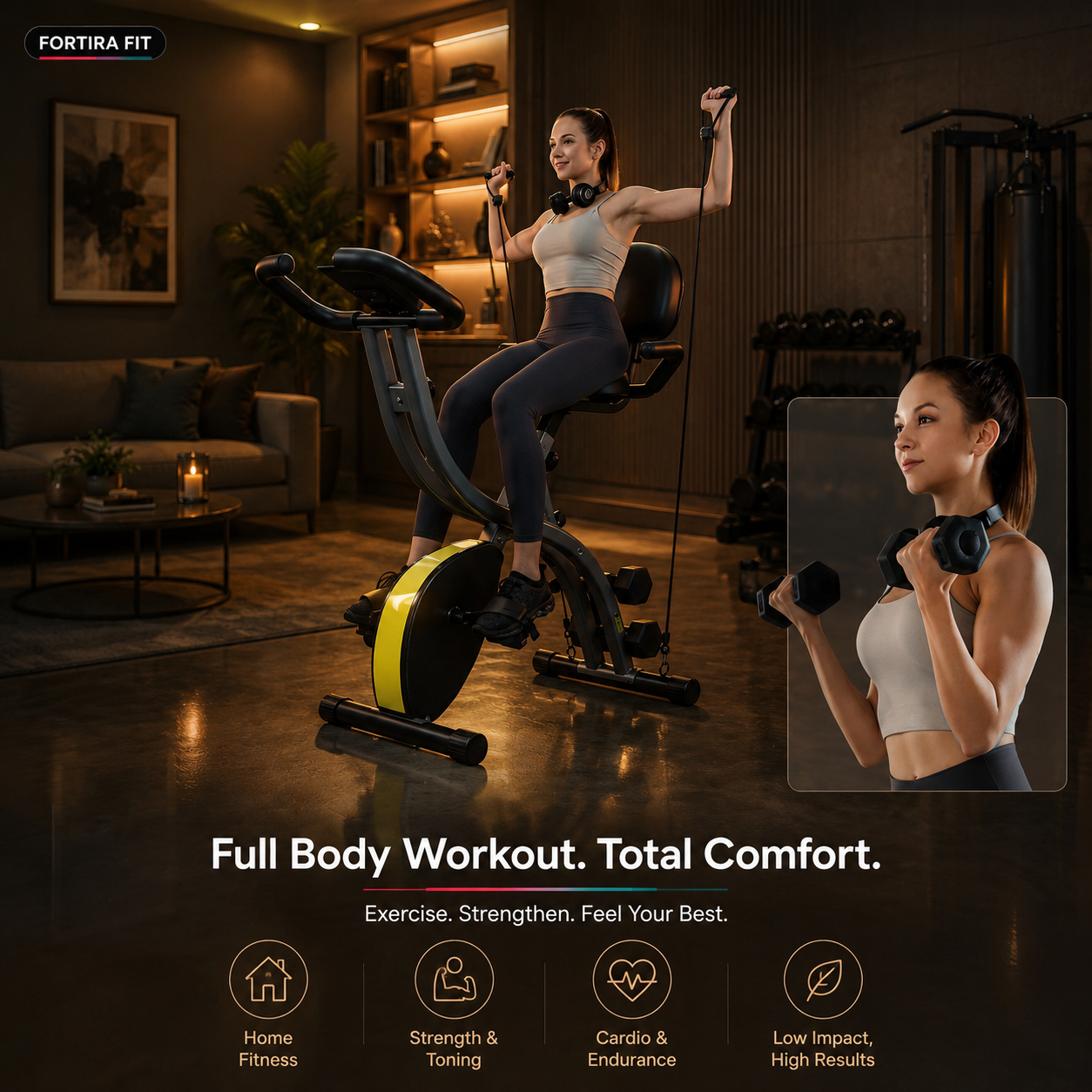 Multipurpose Exercise Bike w/ Dumbbells & Resistance Bands Exos Fitness