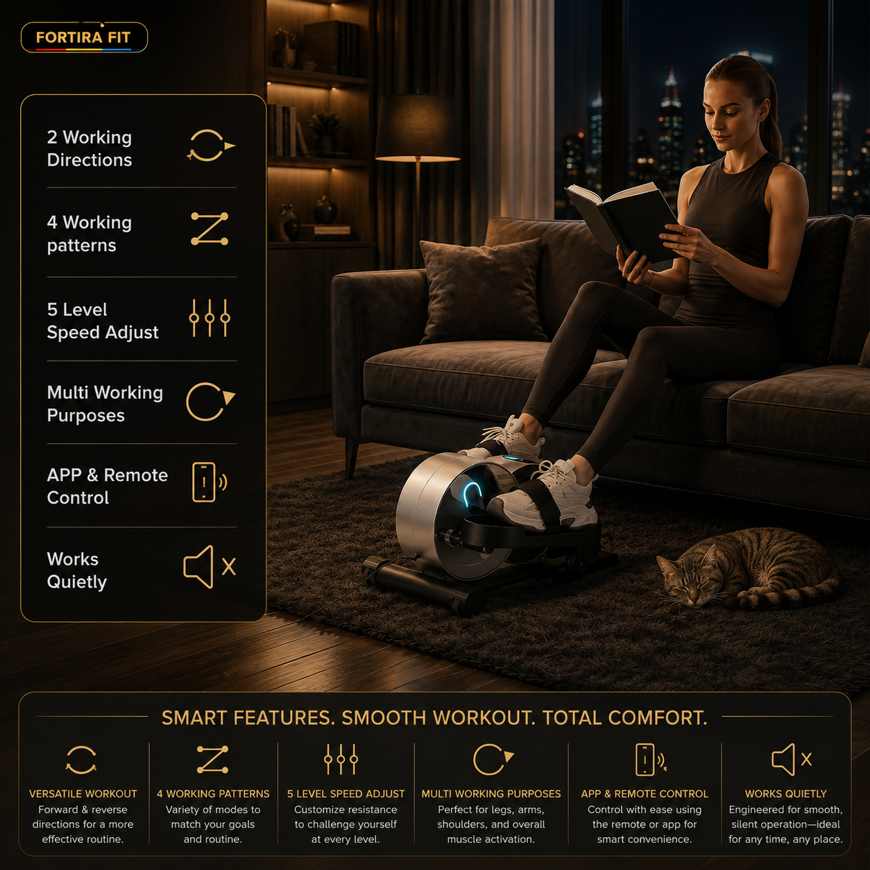Electric Under Desk Elliptical w/ App and Remote Fortira Fitness