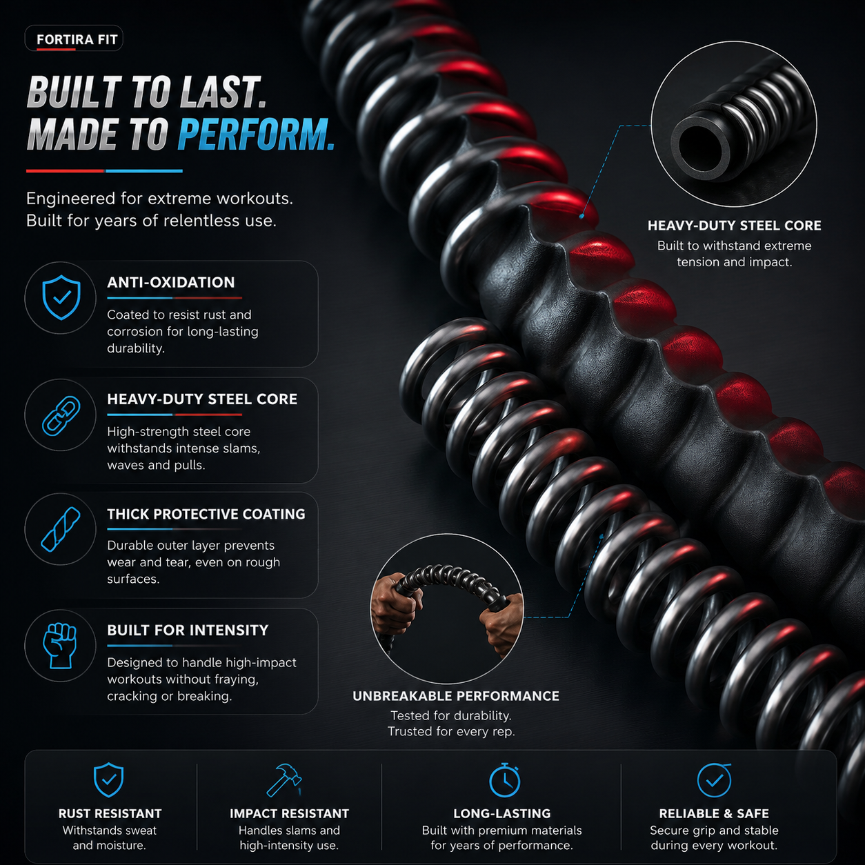 Portable Heavy Duty Battle Ropes Set- 2pcs Fortira Fitness