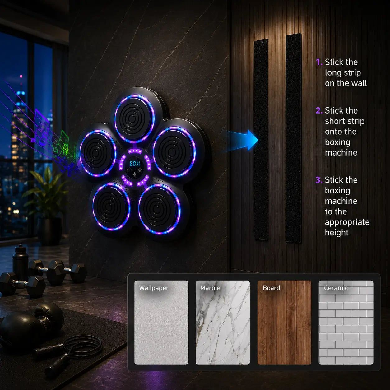 Smart Music Boxing Trainer w/ Bluetooth & LED Reaction Targets Fortira Fitness