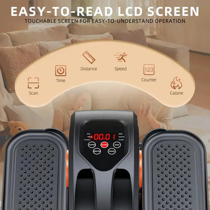 Under desk elliptical exerciser with easy-to-read LCD screen showing time, speed, distance, calories, and counter functions