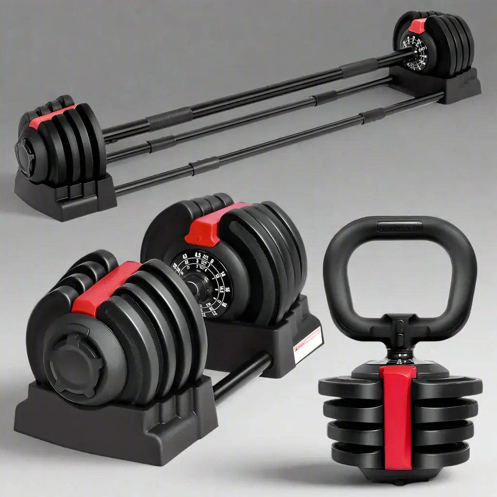 Multi-functional adjustable dumbbell, kettlebell, and barbell set with red accent – compact strength training equipment for home gym