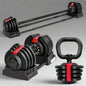 Multi-functional adjustable dumbbell, kettlebell, and barbell set with red accent – compact strength training equipment for home gym